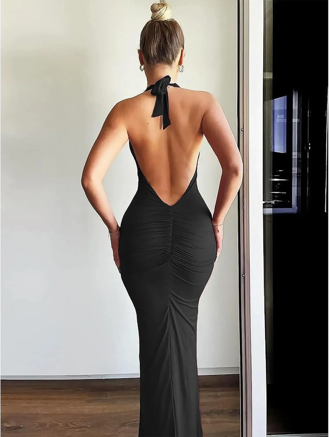 Women's Sexy Sleeveless Summer Backless Deep V Tie Dresses Gathering Backless Slim Long Party Dresses Halter Dresses