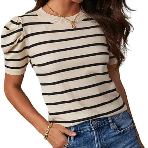 Women's Short Puff Sleeve Knit Tops