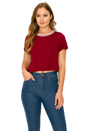 Women's Short Sleeve Slim Fit Sexy Round Neck Black Blouse Crop Top - Small