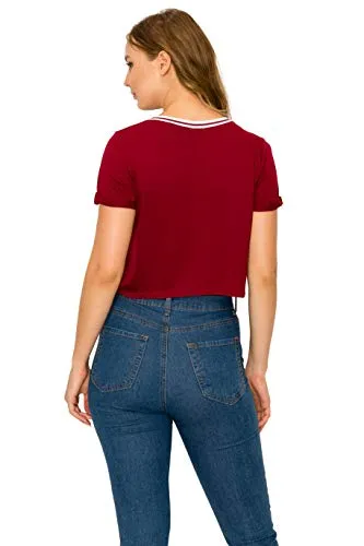Women's Short Sleeve Slim Fit Sexy Round Neck Black Blouse Crop Top - Small