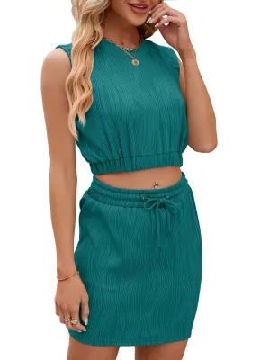 Women’s Sleeveless Crop Top with Matching Drawstring Mini Skirt Two-Piece Set