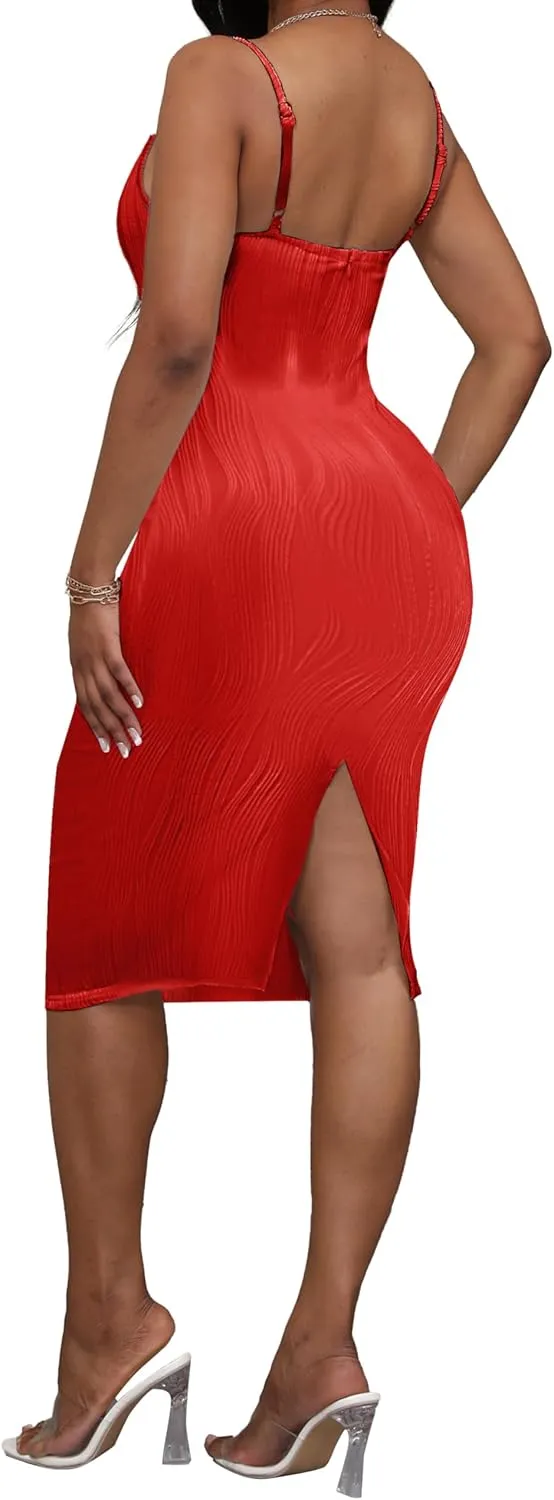 Women's Sleeveless Sexy Split Hem Slip Dresses Bodycon Midi Dres