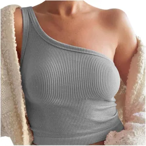 Women's Solid Color Short Bustier One Shoulder Camisole Tank Top T Shirt Stylish Casual Crop Top Halter Bodysuit