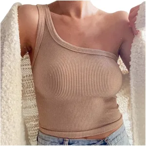 Women's Solid Color Short Bustier One Shoulder Camisole Tank Top T Shirt Stylish Casual Crop Top Halter Bodysuit