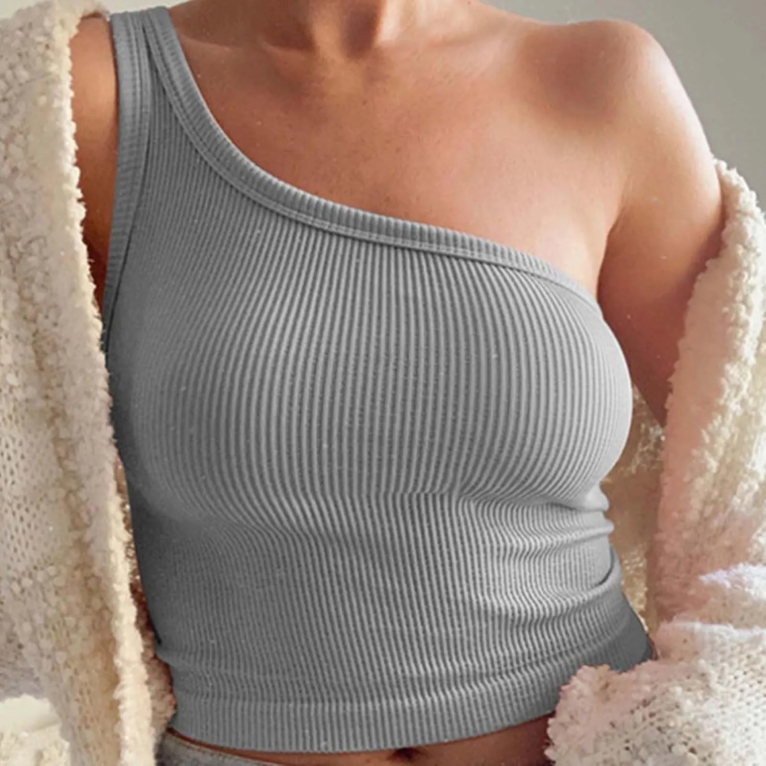 Women's Solid Color Short Bustier One Shoulder Camisole Tank Top T Shirt Stylish Casual Crop Top Halter Bodysuit