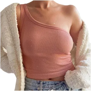 Women's Solid Color Short Bustier One Shoulder Camisole Tank Top T Shirt Stylish Casual Crop Top Halter Bodysuit