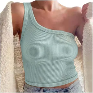 Women's Solid Color Short Bustier One Shoulder Camisole Tank Top T Shirt Stylish Casual Crop Top Halter Bodysuit