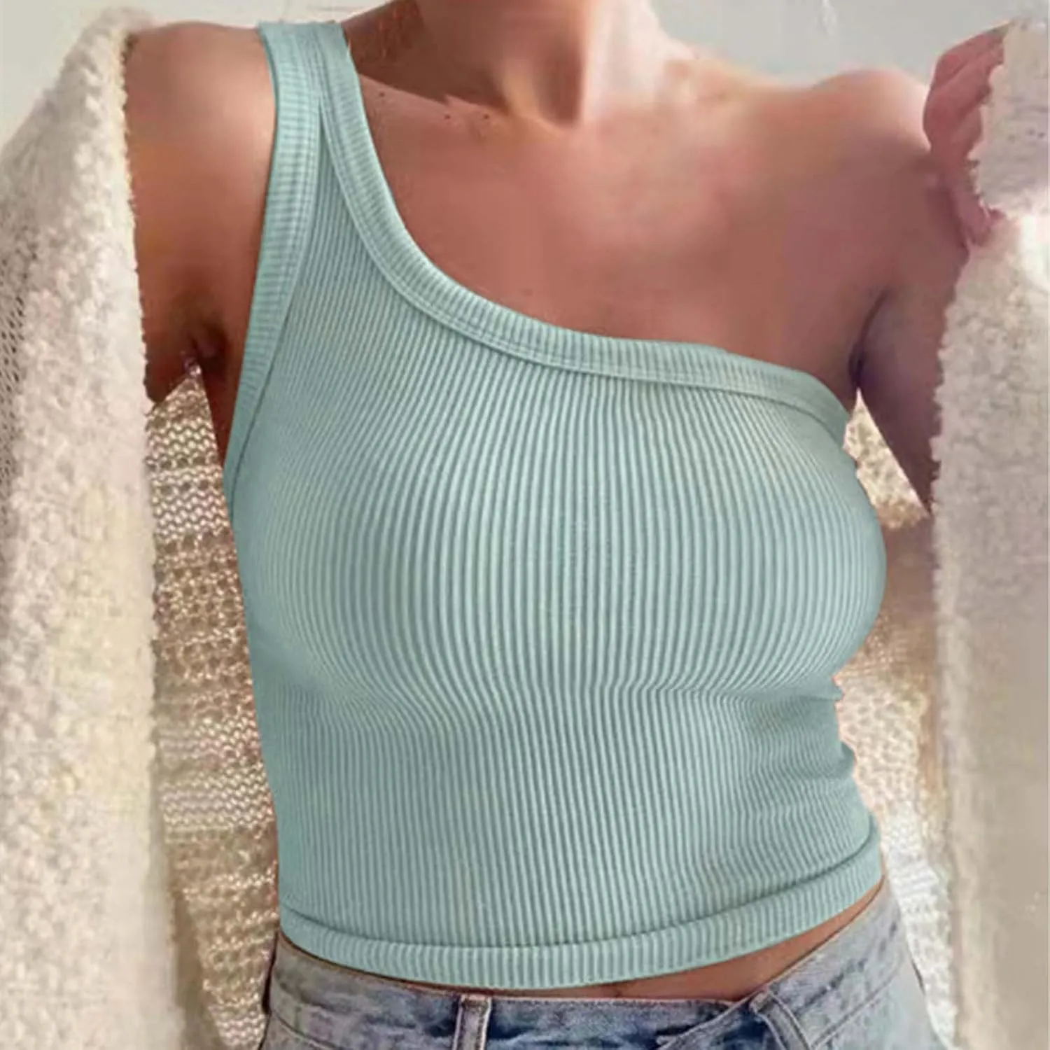 Women's Solid Color Short Bustier One Shoulder Camisole Tank Top T Shirt Stylish Casual Crop Top Halter Bodysuit