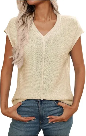 Women's Solid Color V-Neck Knit Tank Tops, Summer Loose Breathable Sleeveless Casual Shirts Lightweight Comfy Clothes