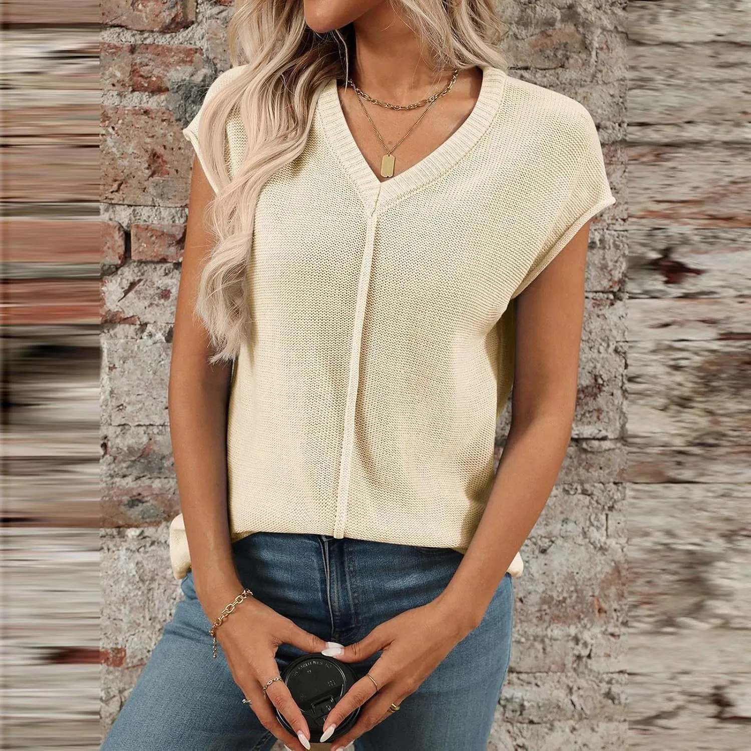 Women's Solid Color V-Neck Knit Tank Tops, Summer Loose Breathable Sleeveless Casual Shirts Lightweight Comfy Clothes
