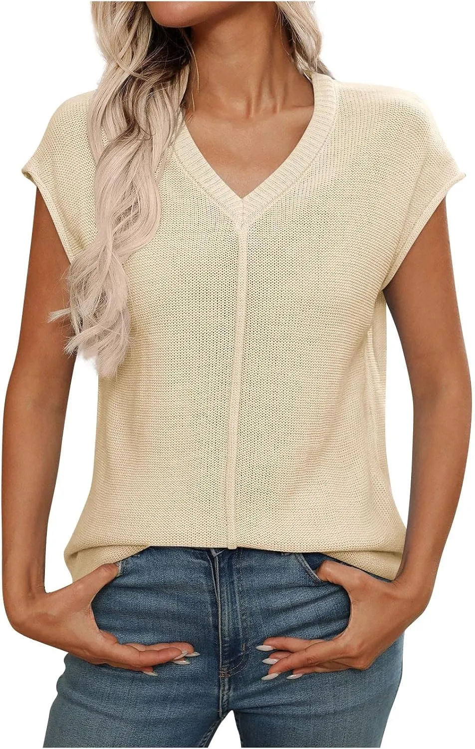 Women's Solid Color V-Neck Knit Tank Tops, Summer Loose Breathable Sleeveless Casual Shirts Lightweight Comfy Clothes