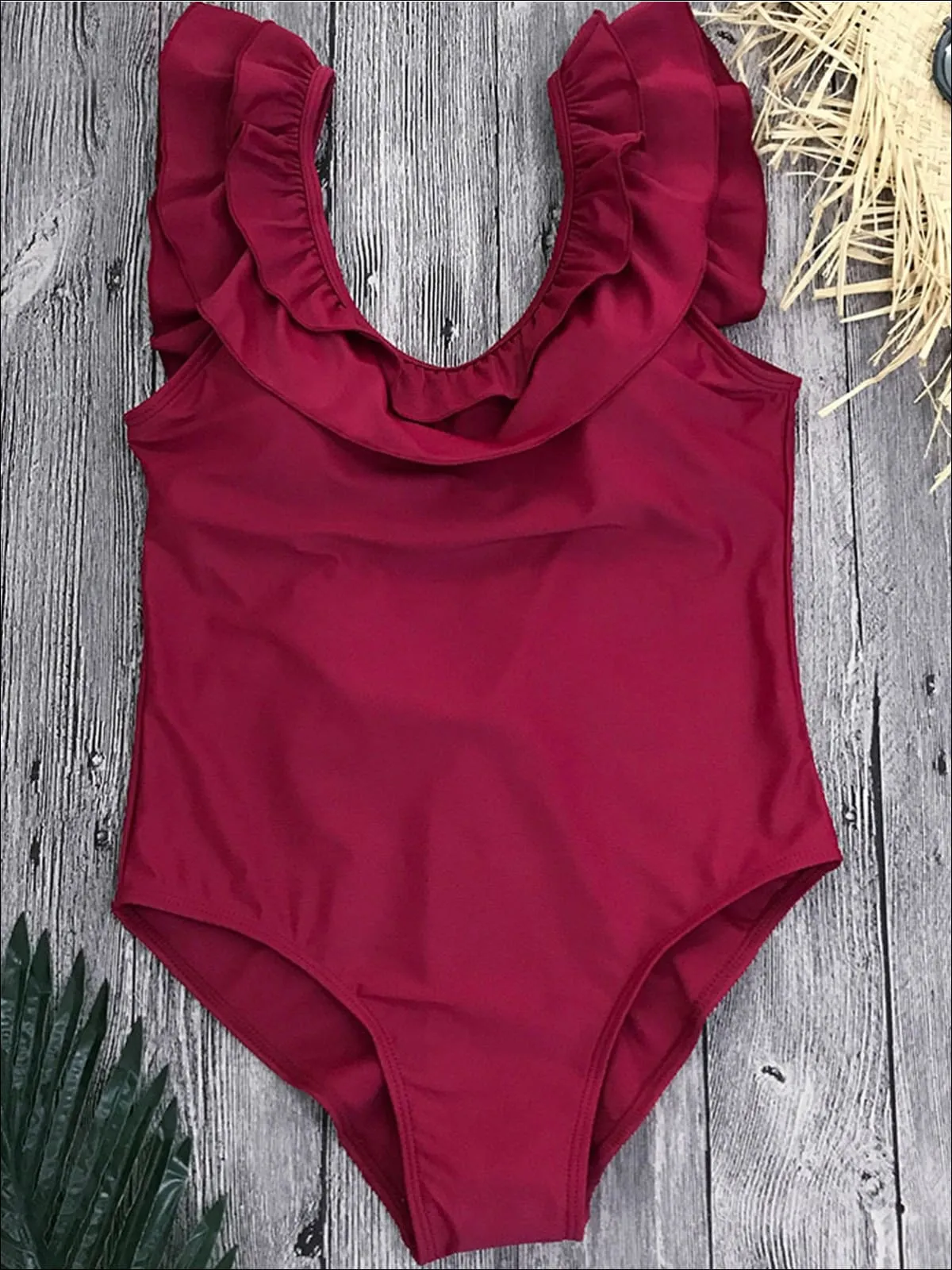 Women's Solid Double Ruffle V-Back One Piece Swimsuit