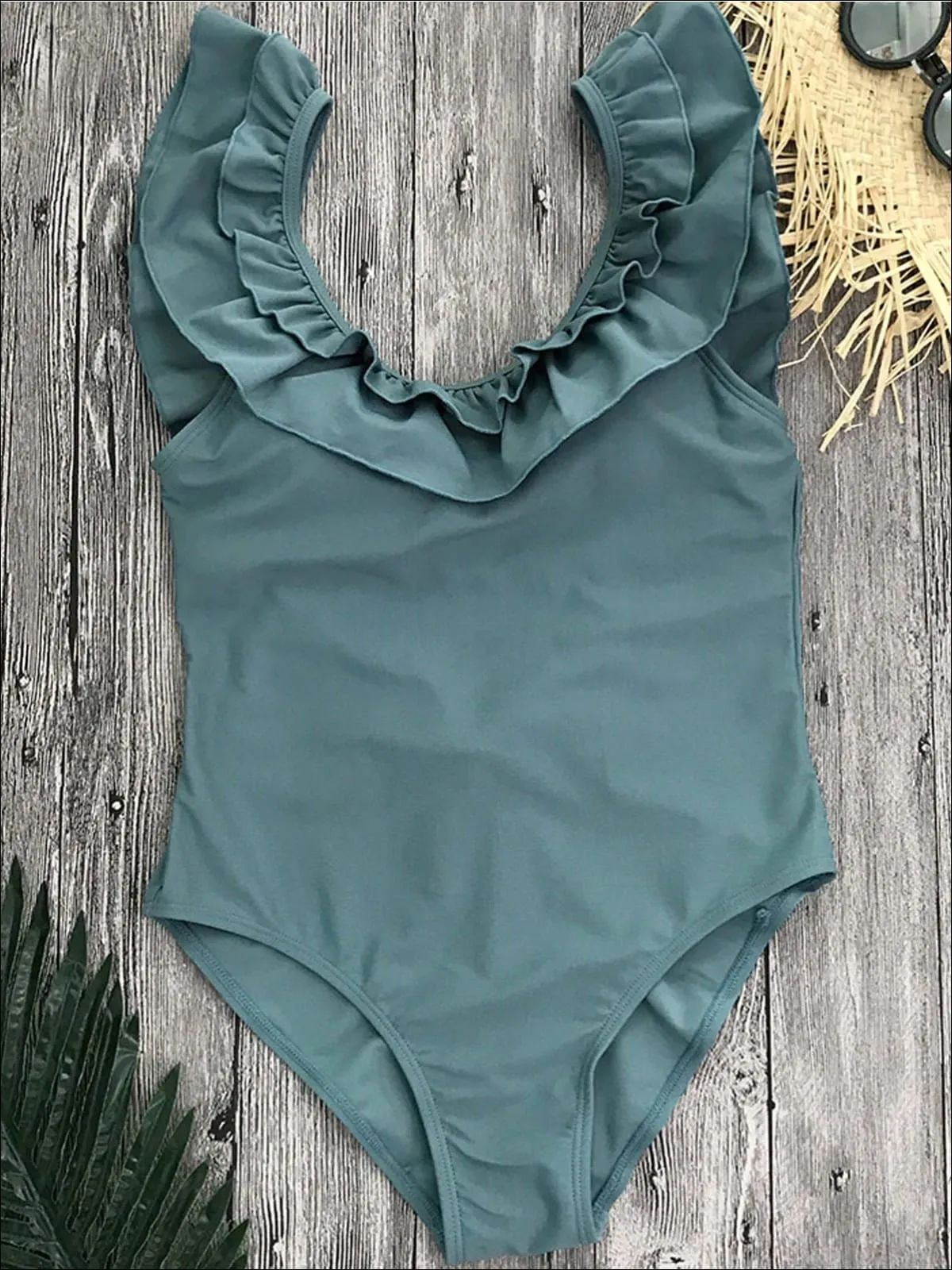 Women's Solid Double Ruffle V-Back One Piece Swimsuit