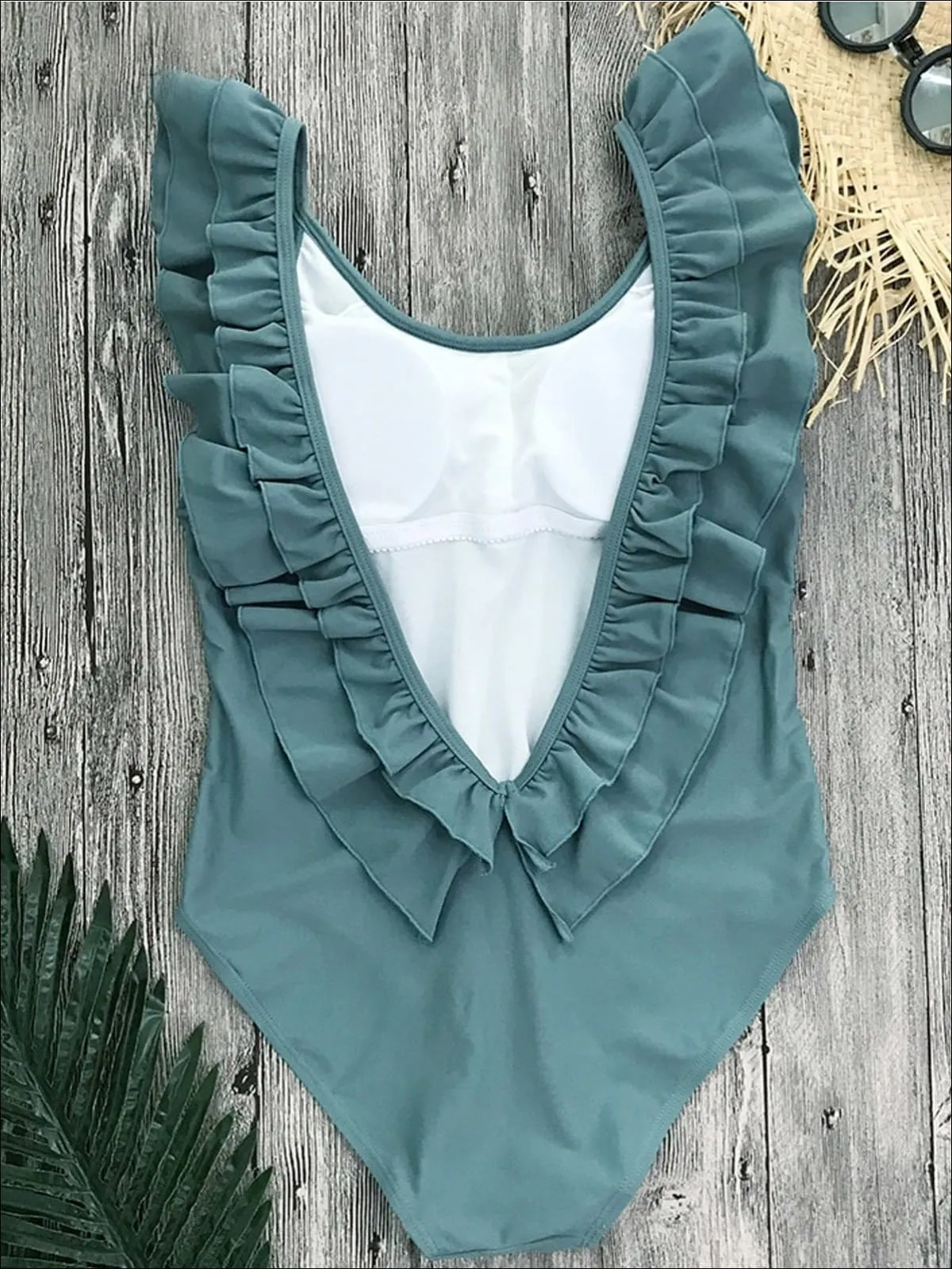 Women's Solid Double Ruffle V-Back One Piece Swimsuit