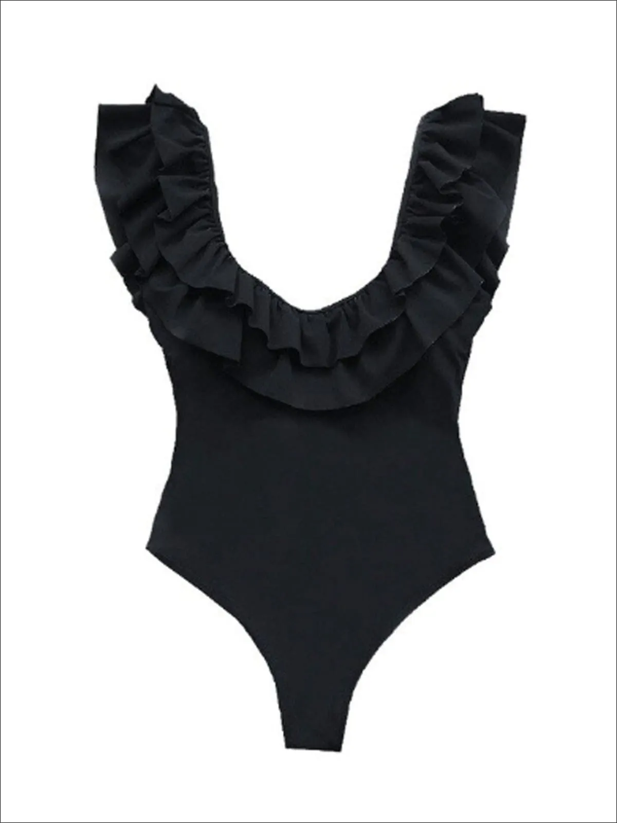 Women's Solid Double Ruffle V-Back One Piece Swimsuit