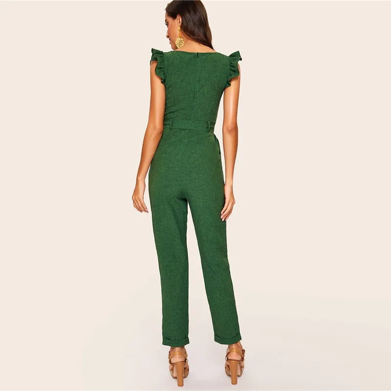 Women's Spring Ruffle Mid Waist Belted Jumpsuit