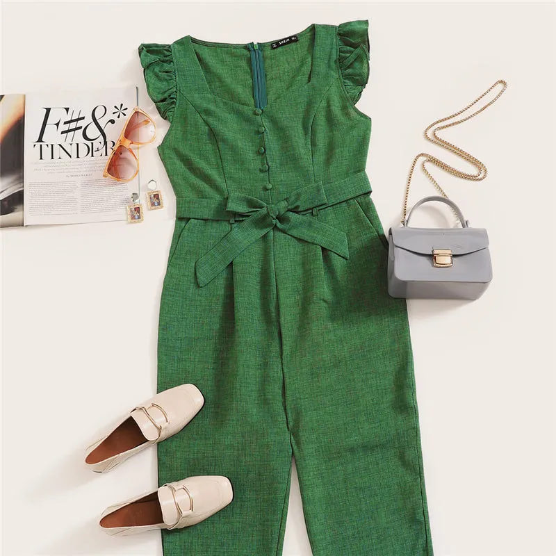Women's Spring Ruffle Mid Waist Belted Jumpsuit