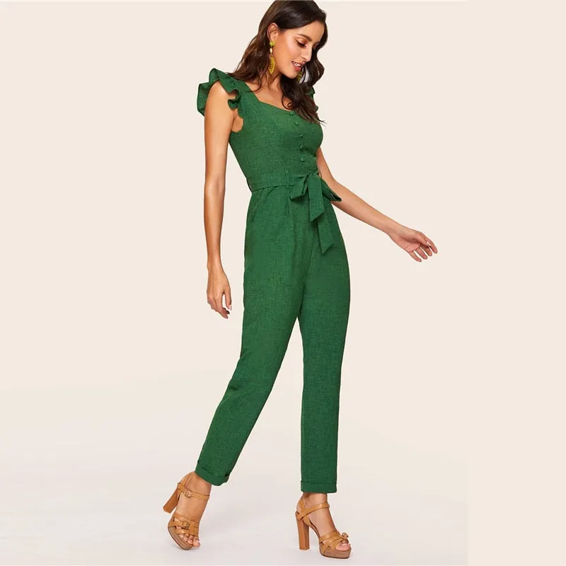 Women's Spring Ruffle Mid Waist Belted Jumpsuit