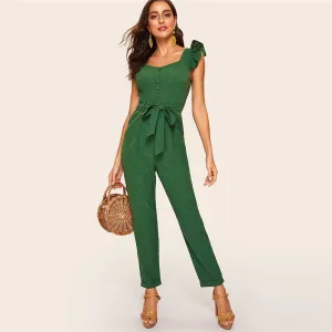 Women's Spring Ruffle Mid Waist Belted Jumpsuit