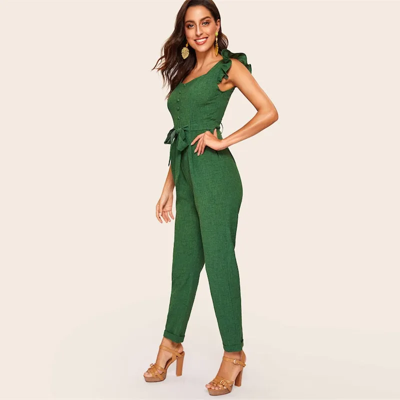 Women's Spring Ruffle Mid Waist Belted Jumpsuit
