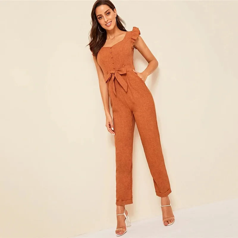 Women's Spring Ruffle Mid Waist Belted Jumpsuit