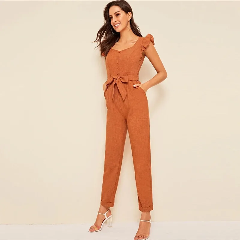 Women's Spring Ruffle Mid Waist Belted Jumpsuit