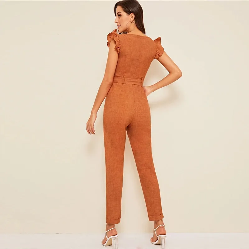 Women's Spring Ruffle Mid Waist Belted Jumpsuit