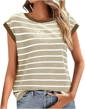 Women's Striped Knit Summer Tank Tops, Fashion Loose Cap Sleeve Casual Shirts Going Out Trendy Clothes