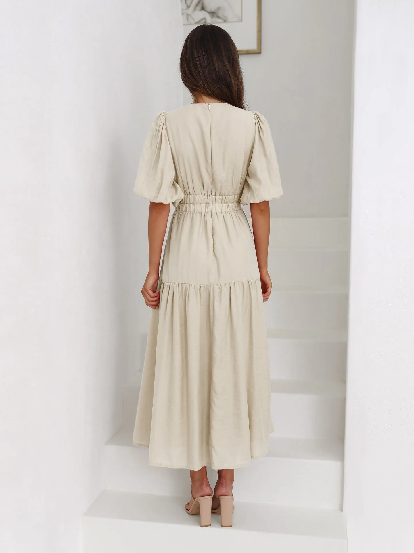 Women's Summer Advanced Sense Vacation Style Deep V Puff Dresses