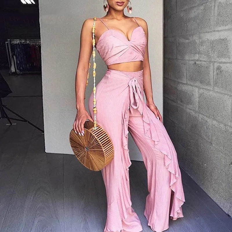 Women's Summer Beach V-Neck Two-Piece Jumpsuit With Ruffles