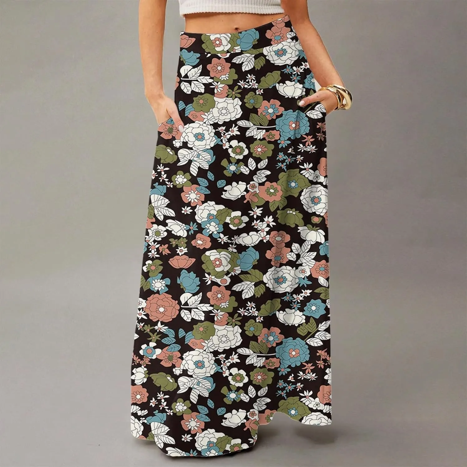 Womens Summer Boho Skirt 2025 Elastic Waist Flowy Casual A-Line Maxi Skirt Trendy, S-2XL