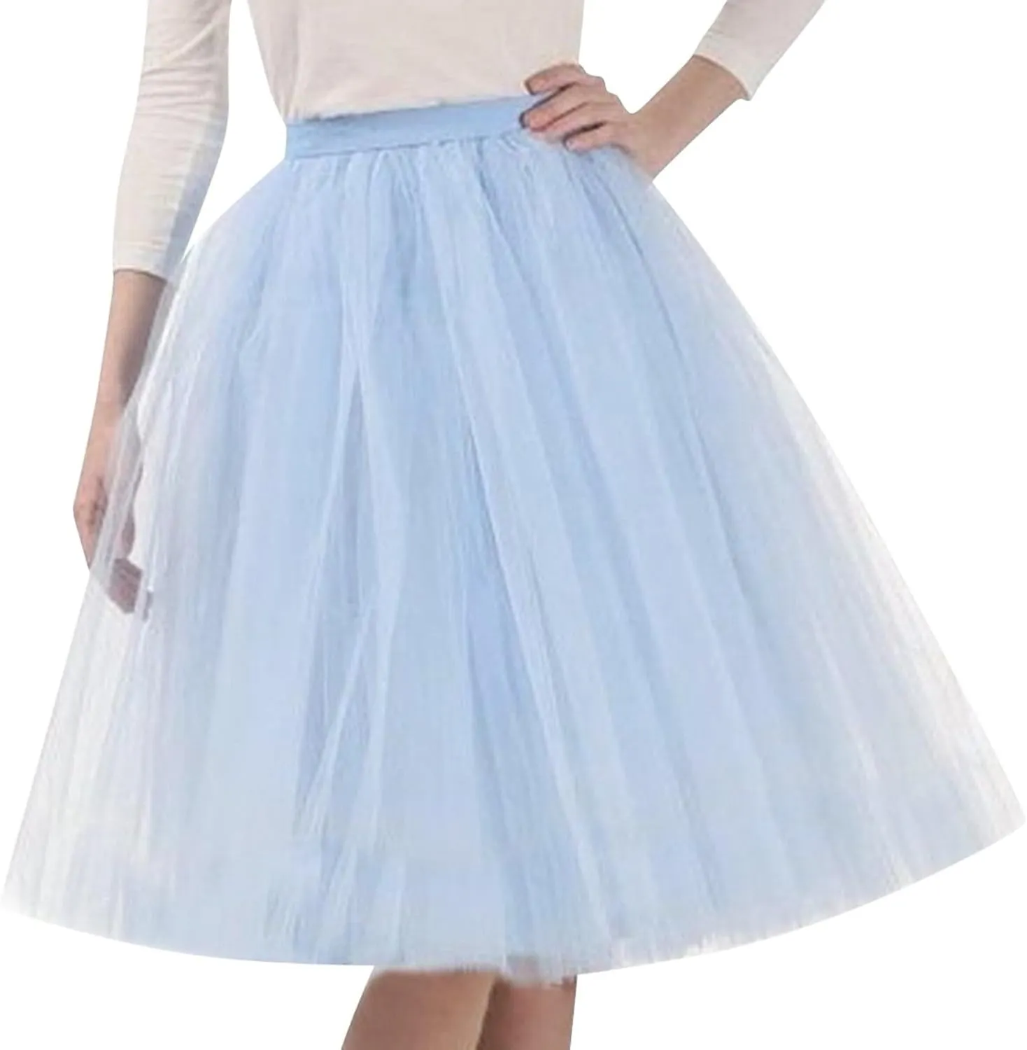 Women's Summer Casual Loose Trendy Elastic High Waist Solid Color Fluffy Mesh Party Flowy A-Line Latin Skirts, M-XL