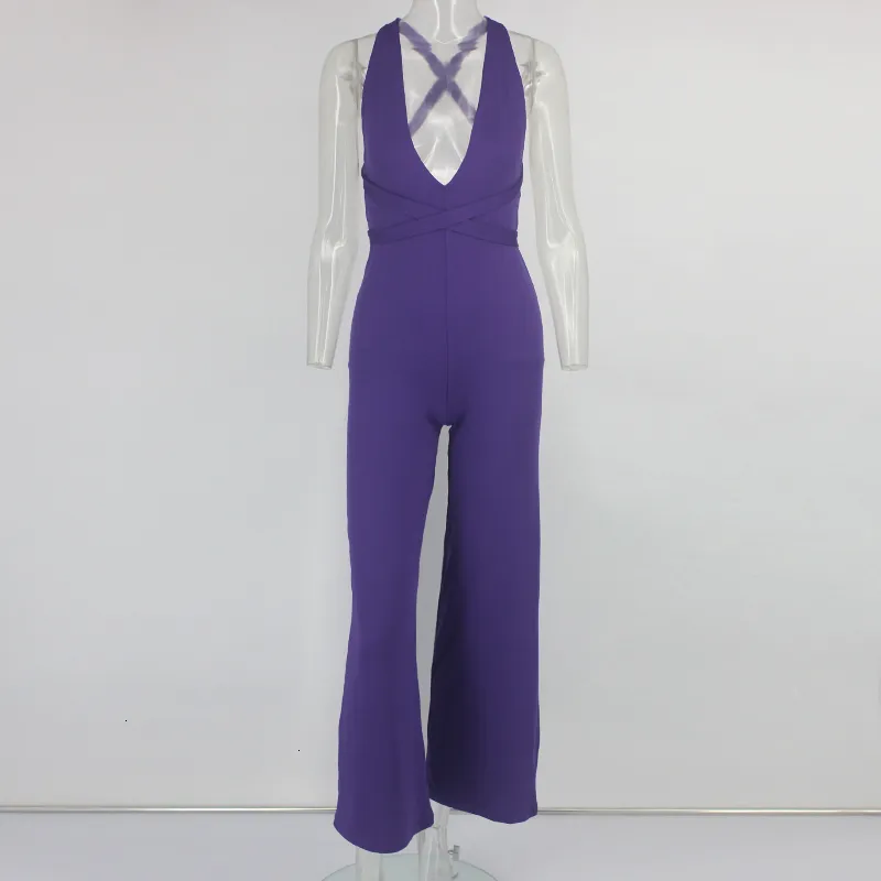Women's Summer Casual Polyester Deep V-Neck Jumpsuit