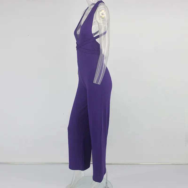 Women's Summer Casual Polyester Deep V-Neck Jumpsuit