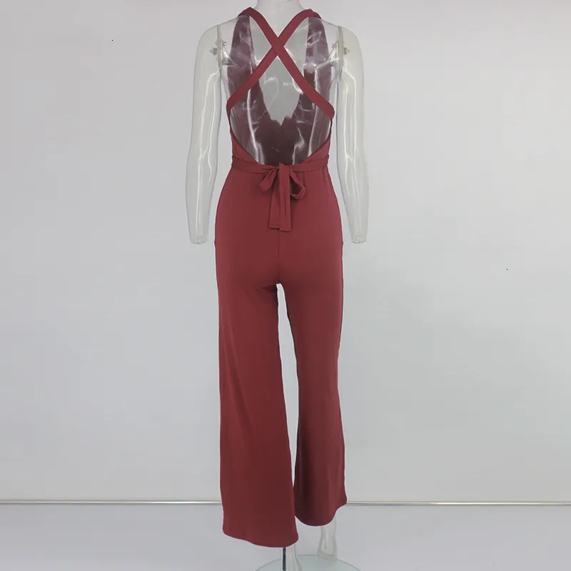 Women's Summer Casual Polyester Deep V-Neck Jumpsuit
