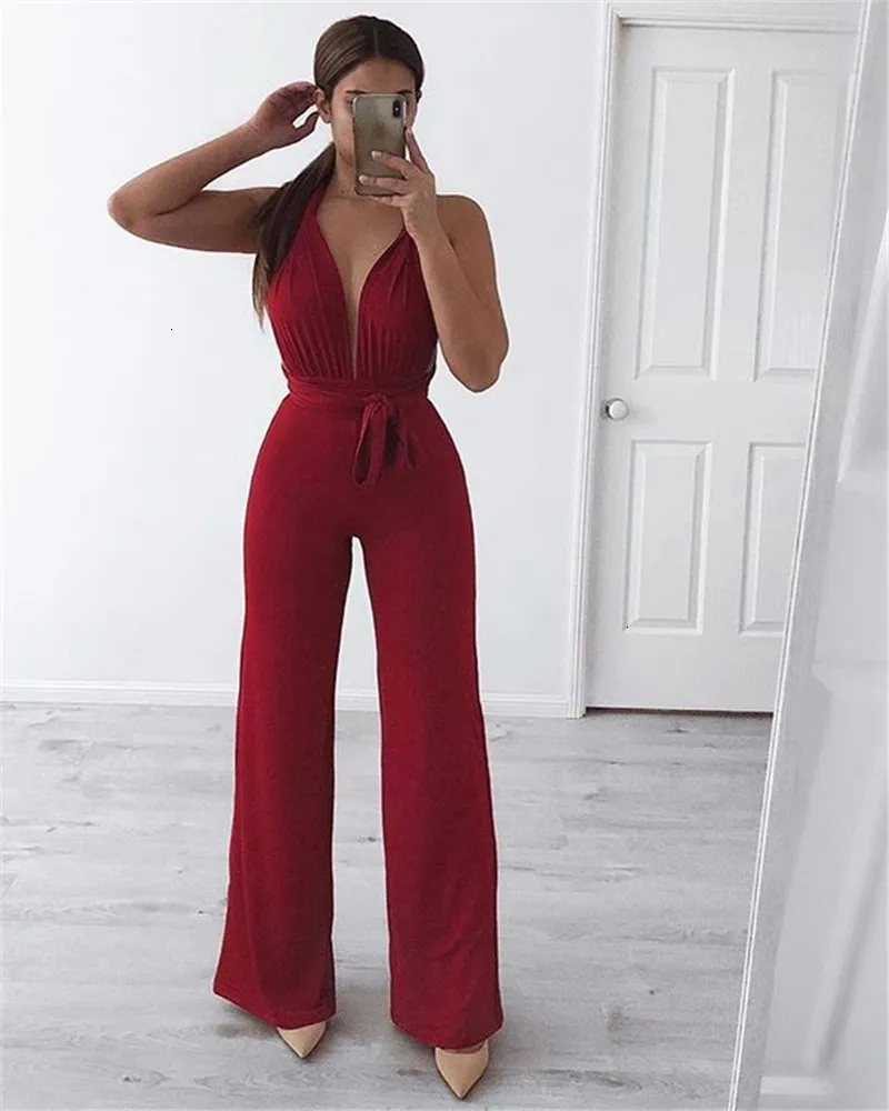 Women's Summer Casual Polyester Deep V-Neck Jumpsuit