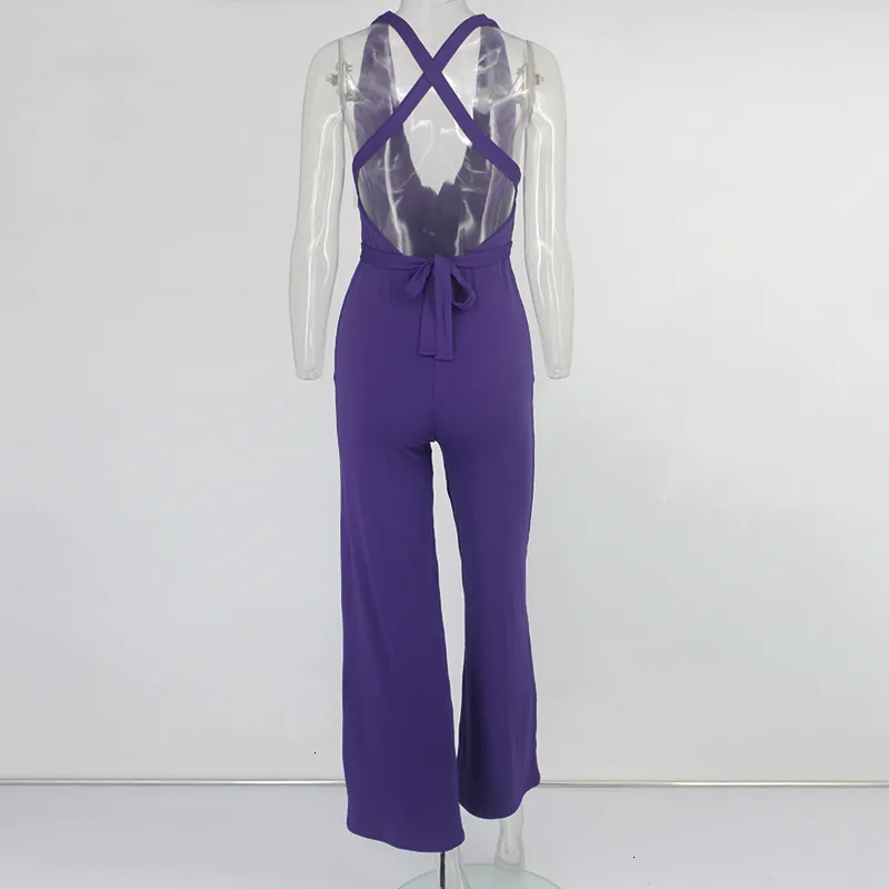 Women's Summer Casual Polyester Deep V-Neck Jumpsuit
