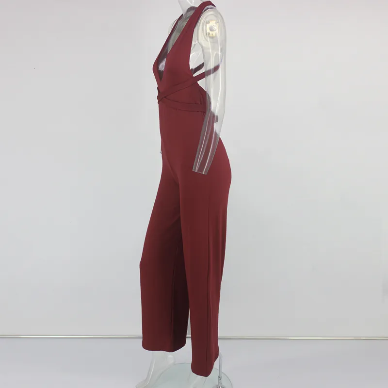 Women's Summer Casual Polyester Deep V-Neck Jumpsuit