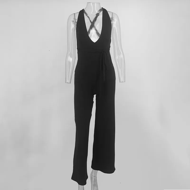 Women's Summer Casual Polyester Deep V-Neck Jumpsuit
