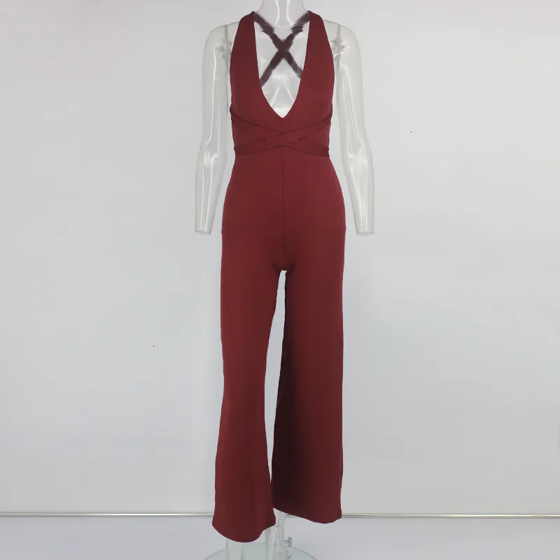 Women's Summer Casual Polyester Deep V-Neck Jumpsuit