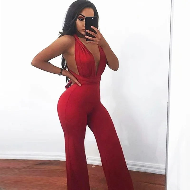 Women's Summer Casual Polyester Deep V-Neck Jumpsuit