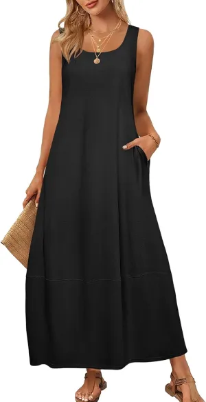 Womens Summer Dress Square Neck Pleated Swing Casual Maxi Dresses Sexy Sleeveless Long Dress Beach Party Dresses 2025