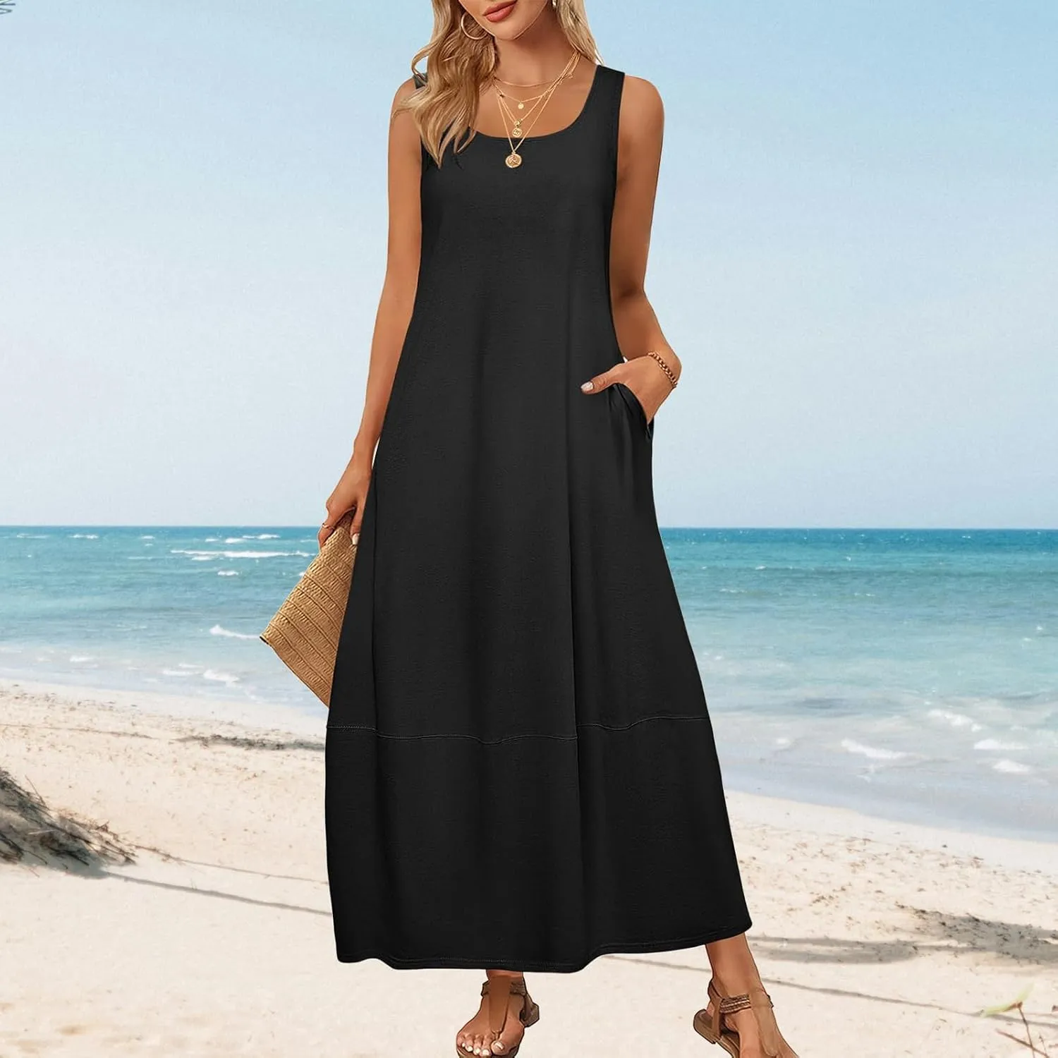 Womens Summer Dress Square Neck Pleated Swing Casual Maxi Dresses Sexy Sleeveless Long Dress Beach Party Dresses 2025