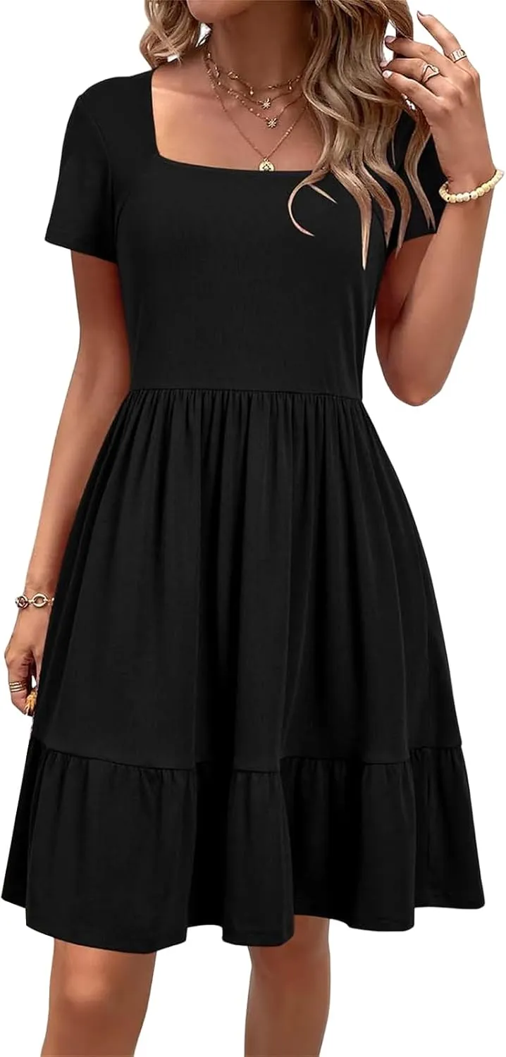 Womens Summer Dress Square Neck Short Sleeve Babydoll Dress A-Line Ruffle Beach Sundress Outfits