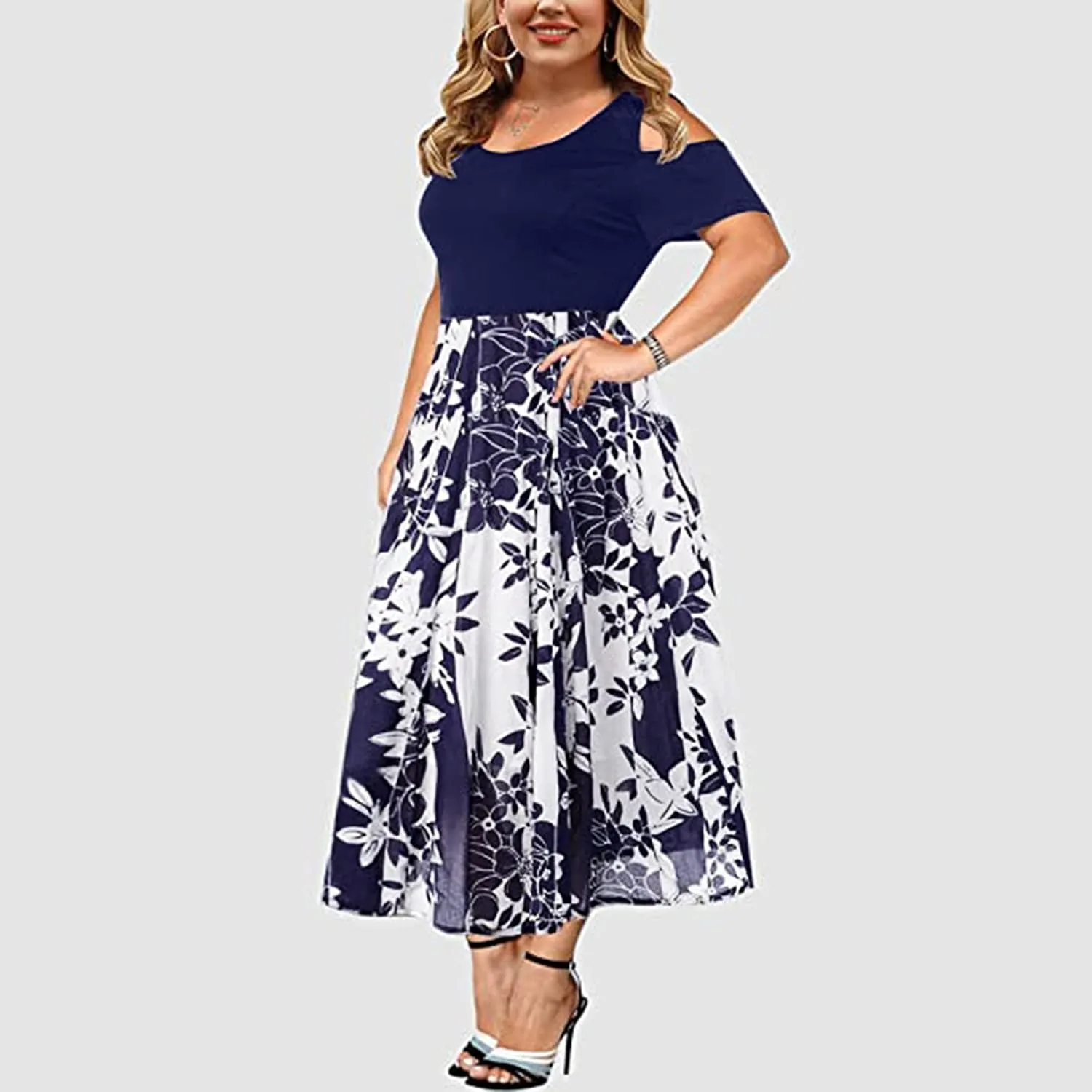Womens Summer Dresses Casual Floral Print High Waist Long Dress Crew Neck Cold Shoulder Short Sleeve Midi Dresses