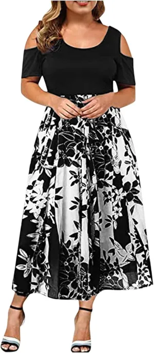 Womens Summer Dresses Casual Floral Print High Waist Long Dress Crew Neck Cold Shoulder Short Sleeve Midi Dresses