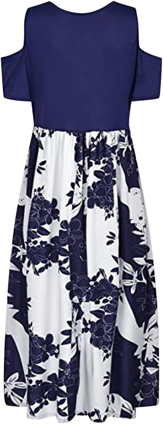 Womens Summer Dresses Casual Floral Print High Waist Long Dress Crew Neck Cold Shoulder Short Sleeve Midi Dresses