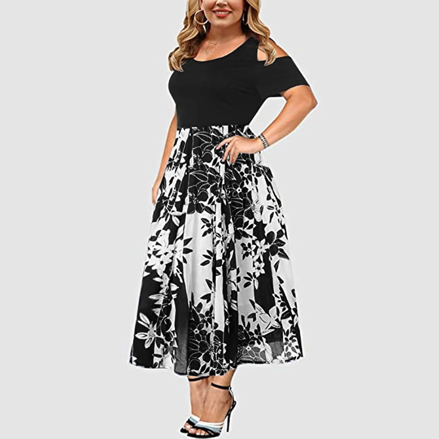 Womens Summer Dresses Casual Floral Print High Waist Long Dress Crew Neck Cold Shoulder Short Sleeve Midi Dresses