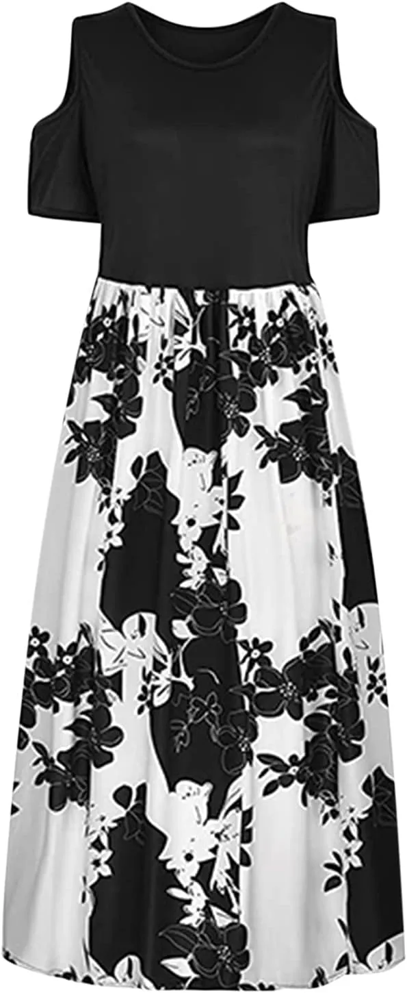 Womens Summer Dresses Casual Floral Print High Waist Long Dress Crew Neck Cold Shoulder Short Sleeve Midi Dresses
