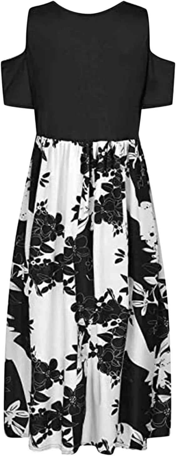 Womens Summer Dresses Casual Floral Print High Waist Long Dress Crew Neck Cold Shoulder Short Sleeve Midi Dresses